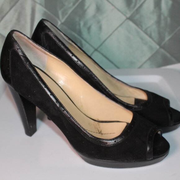 Kate Spade Black Patent Leather Suede Women's Heel open toe Italy‎ Sz 9B *SH - Picture 5 of 7